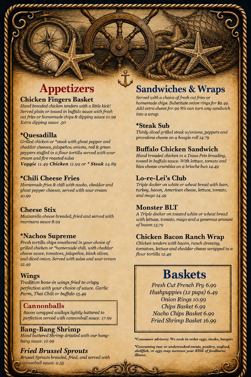 Printed menu showing comfort food and beverage choices.