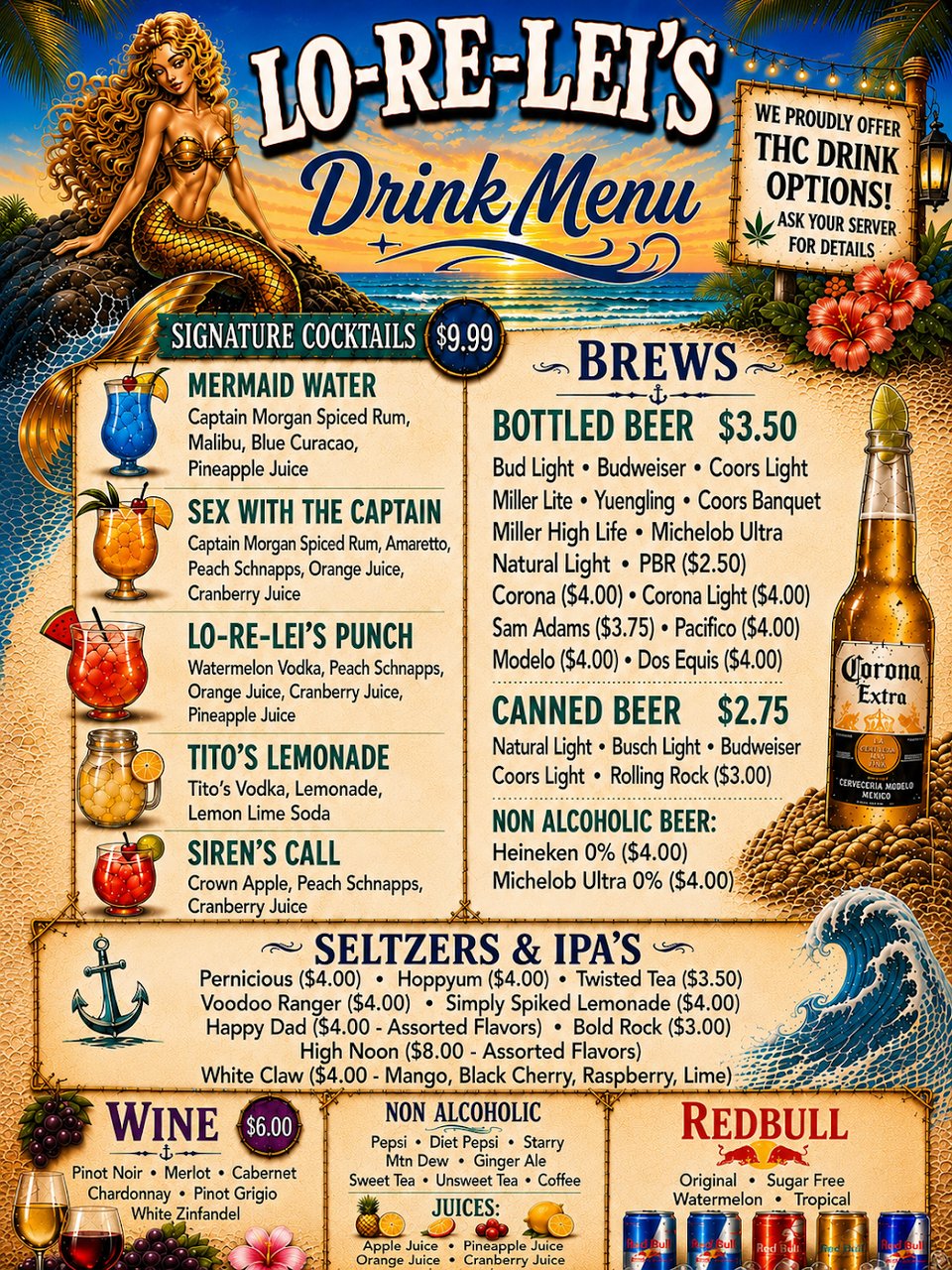 Pub menu with breakfast, lunch, and dinner options.