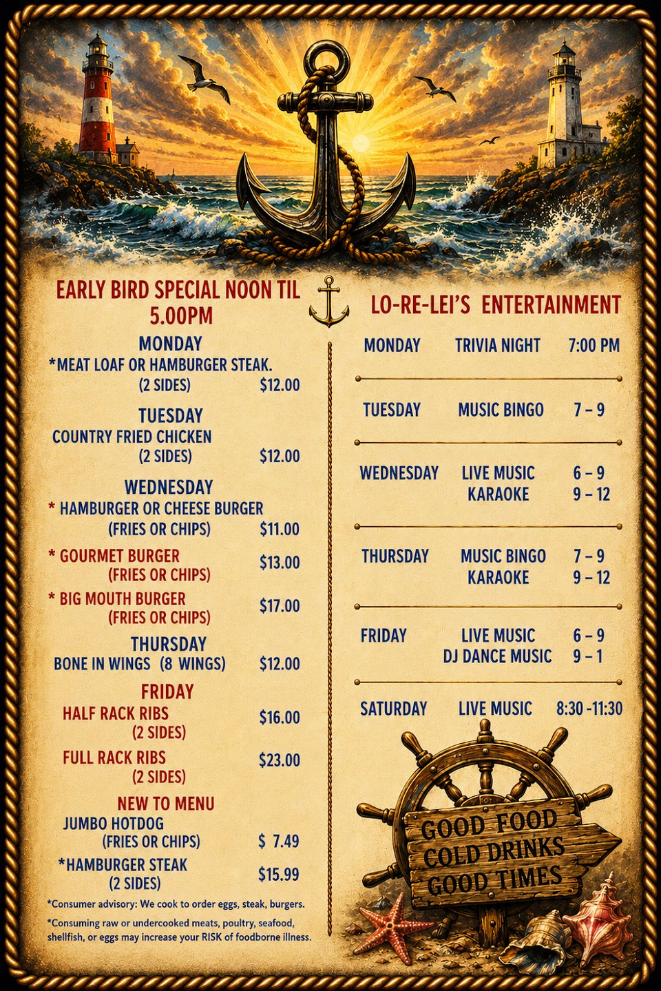 Menu board beside classic pub food and drinks.